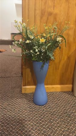 Blue Hourglass Floor Vase with Faux Flowers