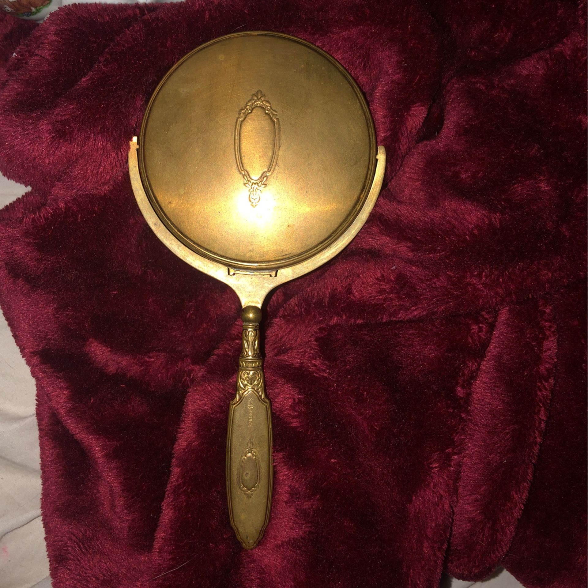 Antique Bronze S & B Hand Held Mirror 