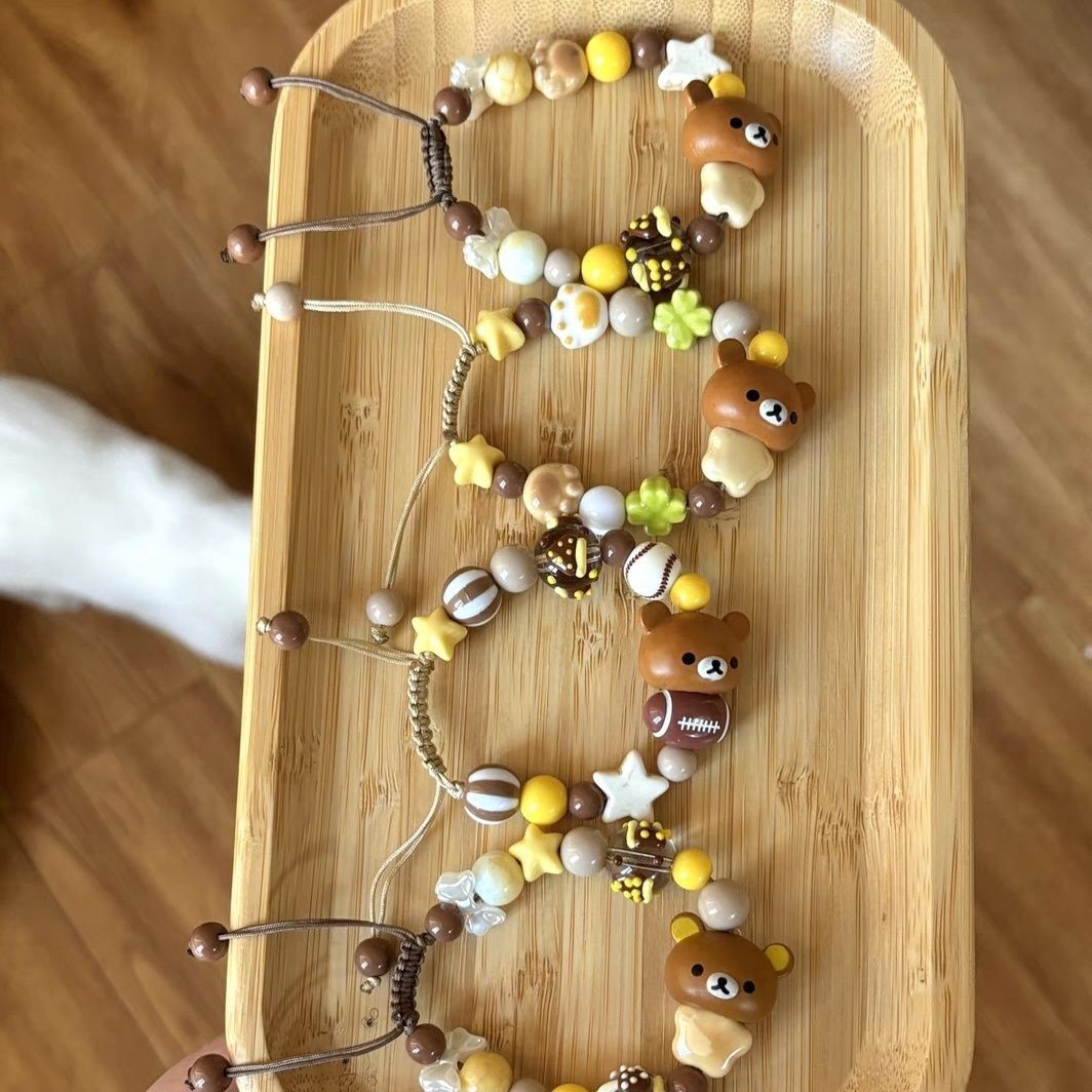 Easy bear, little white bear, bear brother, big head, ancient taste, original handmade beaded bracelet, blush, cute braided hand rope