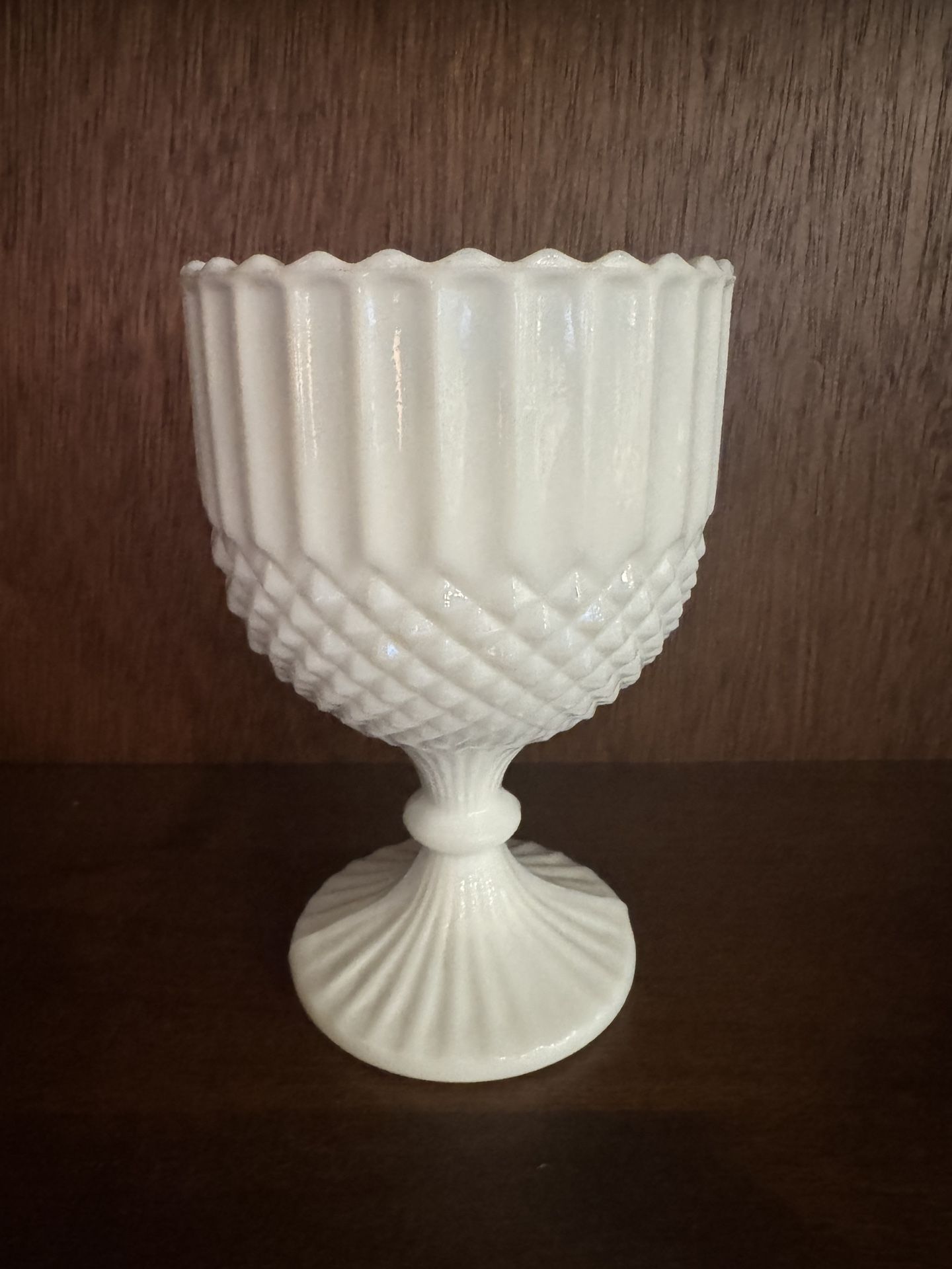 Vintage White Diamond Ribbed Milk Glass Pedestal Goblet, Dish - 6.25”