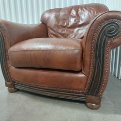 Genuine LEATHER Oversized Chair, Ornate Wood Frame, Nailhead Trim.  Great Condition, Very Comfortable. 45x40x35" tall 