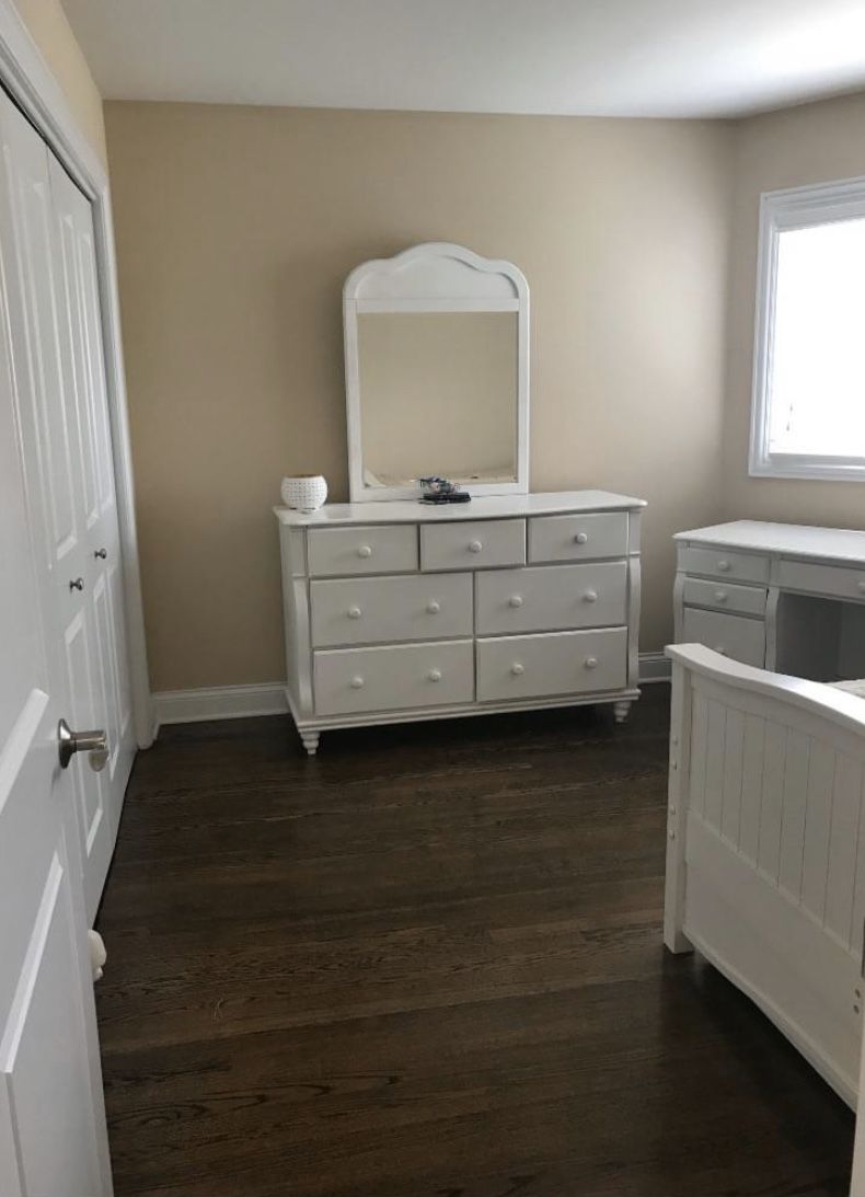 White dresser,nightstand, and desk