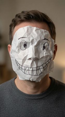 Creepy Hand-Drawn Crumpled Paper Smiley Face Mask made with the thinnest paper in the world