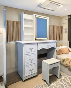 White Vanity Desk with LED Mirror and Stool