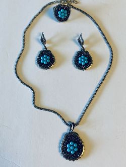 Turquoise blue beads antique look silver necklace earrings ring