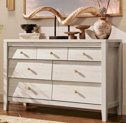 Dresser for Bedroom with 7 Beveled Panel Drawers, Farmhouse Chest of Dressers with Natural Texture, Wooden Storage Dresser TV Stand for Closet, Entryw