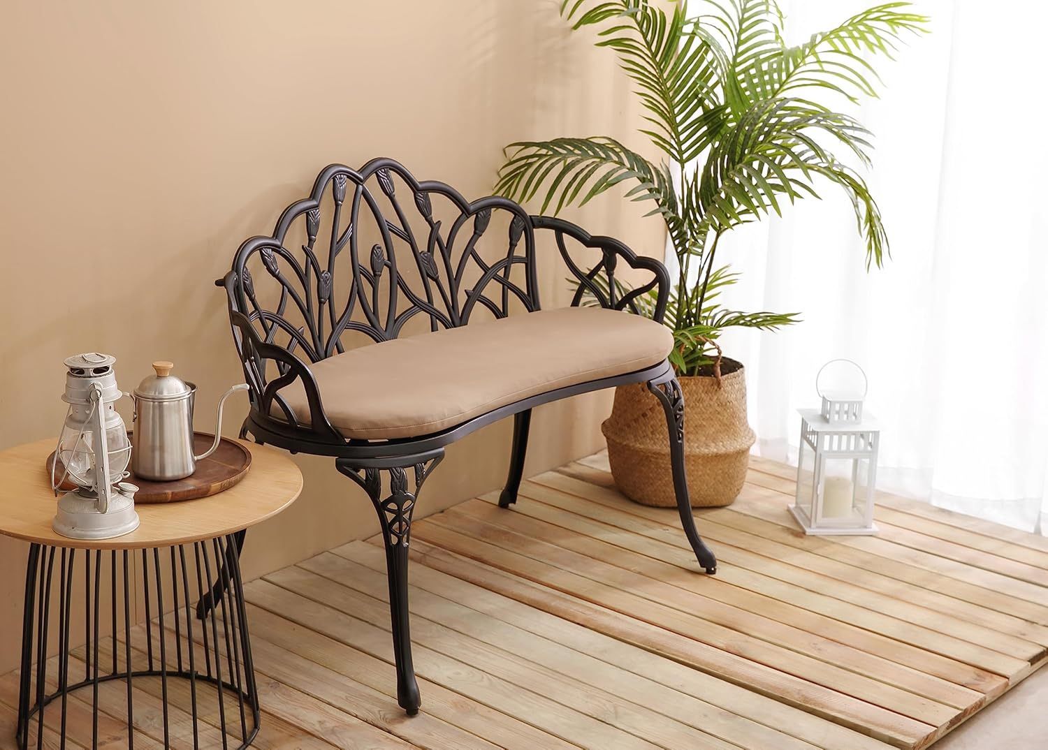 Outdoor Patio Bench, Garden Bench with Cushion All-Weather Cast Aluminum Extra Loveseat for Lawn Front Porch Path Yard Decor Deck Furniture Black