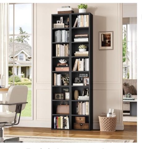 Two Piece 71 Inch Tall Narrow Bookshelf 8 Tier Black