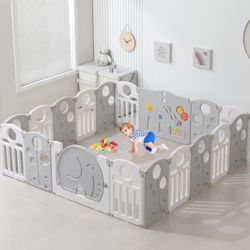 Baby Playpen – 14 Panels, White And Grey 