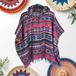 Copper Key Multicolor Southwest Aztec Geometric Zip Hooded Poncho Cape Women One Size