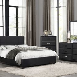 Lorenzi Black Upholstered Platform Bedroom Set ( Queen, king, twin, full bedroom set - bed frame- tall dresser, nightstand and chest, mattress options
