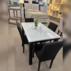 5 pieces rich charcoal fabric with faux marble top dining table set