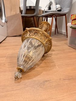 Vintage Ornate Brass Tone & Glass Hanging Chandelier Foyer Light