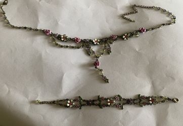 Avon Art Nouveau Floral Bronze Bracelet and Necklace Set with Pastel Colors