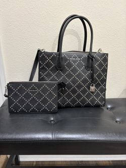 Michael Kors Black Silver rivets Large Mercer Crossbody Tote Bag Purse W/ Lg Wristlet Wallet 