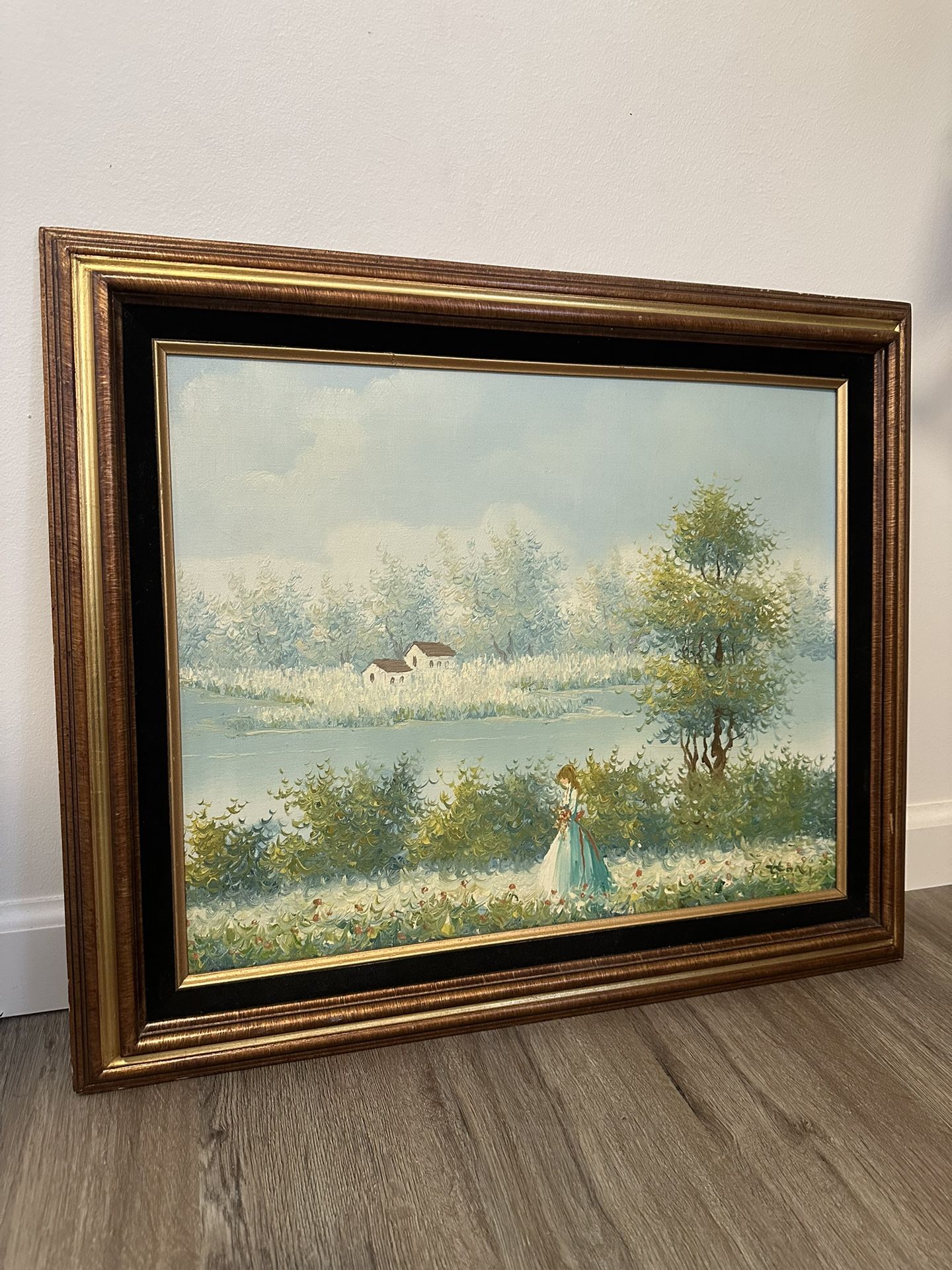 Peaceful walk by the lake framed original oil painting 