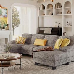 , Grey U-Shaped Sofa Couch with Linen Fabric, 4 Seat Sofa Set with Double Chaise for Apartment