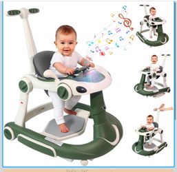 Baby Walker, 4-in-1 Baby Walker with Wheels Portable, Foldable Infant Toddler Walker for Boys Girls 6-18 Month,Removable Footrest,Car Steering Wheel &