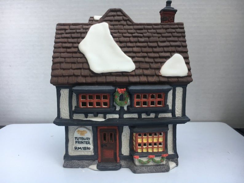 Vintage Dept 56 Dickens Village Series, Tutbury Printer Christmas Retired Collectible Porcelain Figurine from 1990, Lighted Xmas House