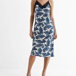 Express Satin Printed Lace Trim V-Neck Midi Downtown Cami Slip Dress - Blue - S