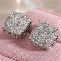 Exquisite Micro Pave 14K White Gold Plated Cubic Zirconia 12mm Men Women Stud Earrings 