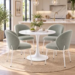 Set Of 5 - White Tulip Table Mid-Century Dining Table with Light Gray Iron-Footed Dining Chairs With Adjustable Foot Pads [NEW] **Assembly Req**  <>