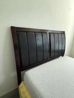 Dark Wood Bed Frame with Leather Upholstery