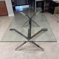 Modernist Contemporary Chrome X-Base Dining Table / Desk With Glass Top