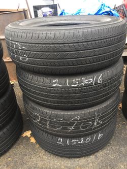 215/70/16 Bridgestone set of used tires in great condition 70% tread 175$ for 4 . Installation balance and alignment available. Road force balance