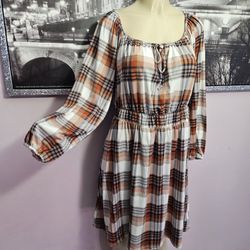 Size 1X Plaid Brown Dress Off Shoulder 
