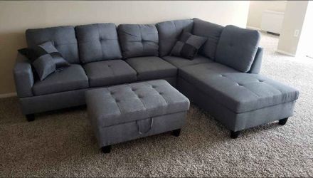 Brand new in stock gray linen sectional with storage ottoman with pillows special