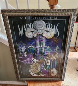 Signed framed poster art "Millennium" Mardi Gras 2000 by Michael Hunt with seal knight horse 26x36".