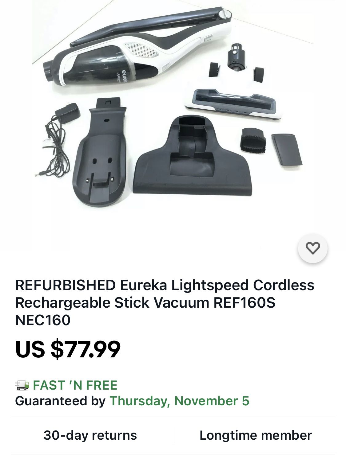 Eureka Lightspeed Cordless Rechargeable Stick Vacuum REF160S NEC160