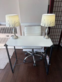 Modern WFH Desk Set: White Desk + Vegan Leather Swivel Chair + 2 Matching Lamps
