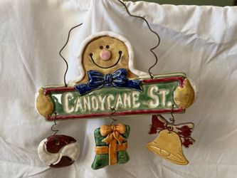 Ceramic Gingerbread Candy Cane St. Christmas Sign