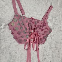 New 1x pink floral corset crop top fairy festival rave blouse Victorian shirt