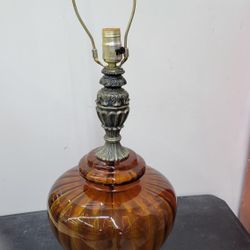 Vintage 1967 Mid Century Modern Amber Glass Table Lamp Hollywood Regency W/Bottom Globe 