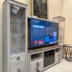 Whitewash 4 Pcs Entertainment Center With Electric Fireplace Tv Stand 