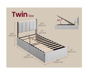 VASAGLE Twin Size Lift Up Storage Bed Frame Upholstered Headboard Hydraulic Platform - Gray