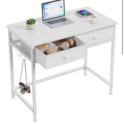 Furologee White Small Computer Desk with 2 Fabric Drawers