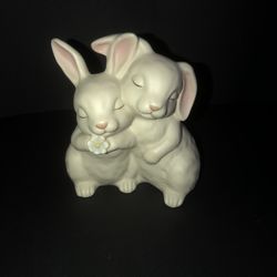Vintage 1990 Homco He Loves Me hugging white porcelain bunnies figurine @ 4.25”x3.5”