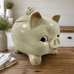 Vintage Ceramic Pig Cookie Jar Large Piggy Lidded Canister - Farmhouse Decor
