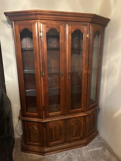 Vintage Wood China Cabinet with Glass Doors