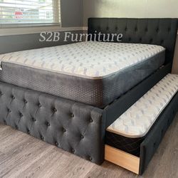 Full Twin Grey Frenchi Trundle Bed With Ortho Mattress Included!!