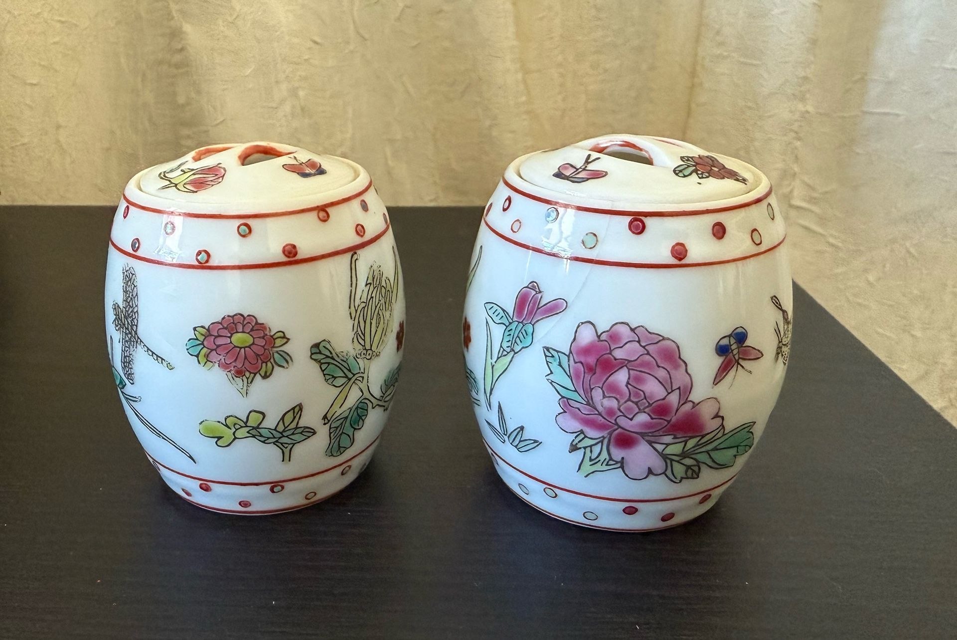 Pair of Vintage Chinese Porcelain Trinket Boxes Four Season Flowers