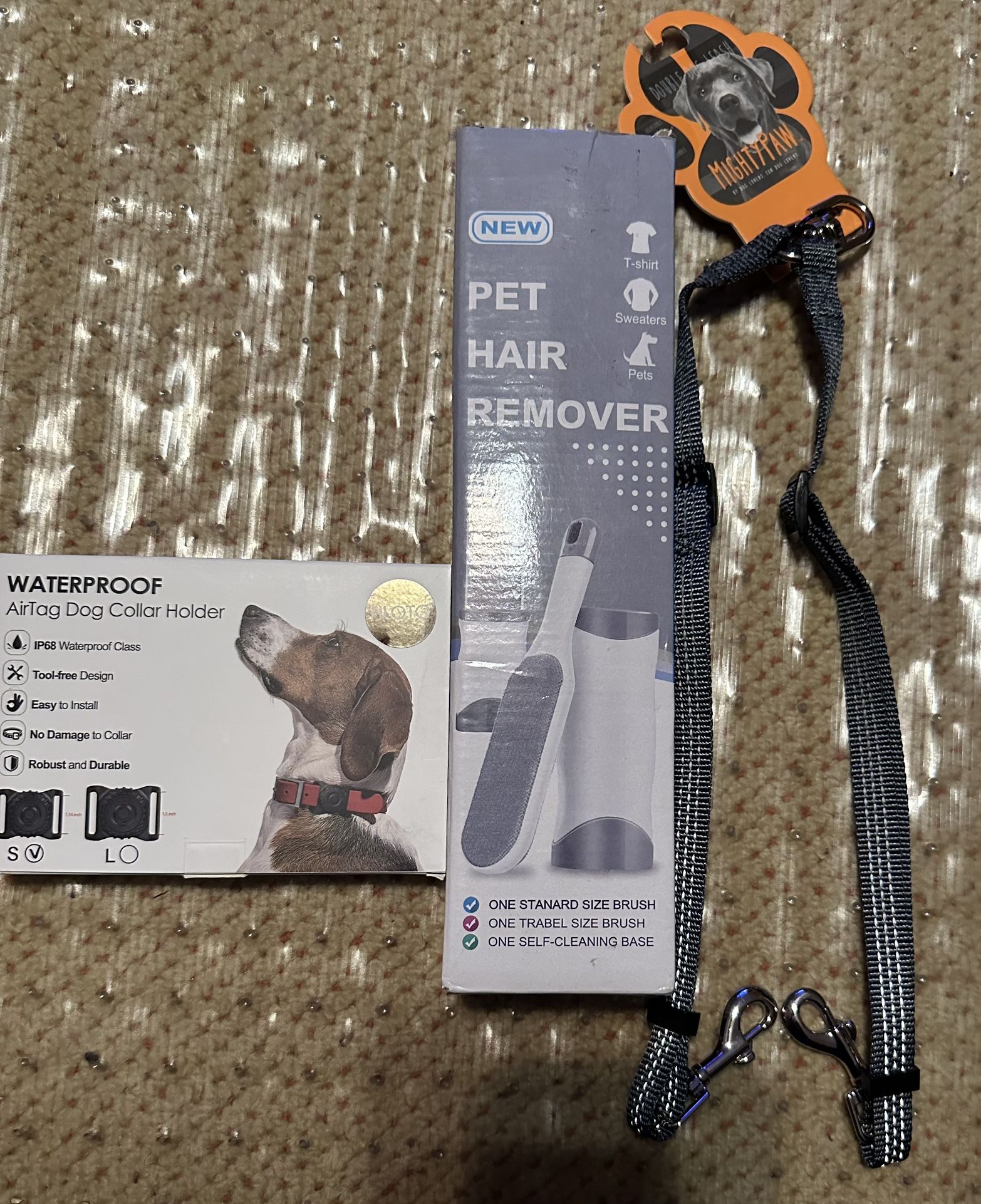 3 Dog Items AirTag Collar, Pet Hair Remover & Double Leash