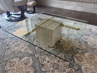 Vintage Travertine & Brass Coffee Table — Glass Top,