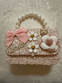 Pink Tweed Mini Handbag with Pearl Handle