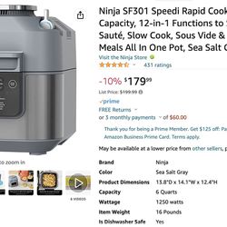 New #41 Ninja SF301 Speedi Rapid Cooker & Air Fryer, 6-Quart Capacity,  12-in-1 Functions to Steam, Bake, Roast, Sear, Sauté, Slow Cook, Sous Vide  & Mo for Sale in San Diego, CA 