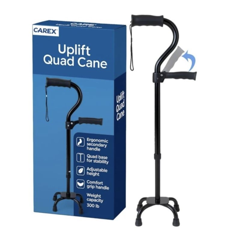 Carex Uplift Quad Cane, Walking Cane for Men & Women with 4-Pronged Base for Extra Balance & Stability, Walking Sticks for Seniors & Adults with Secon